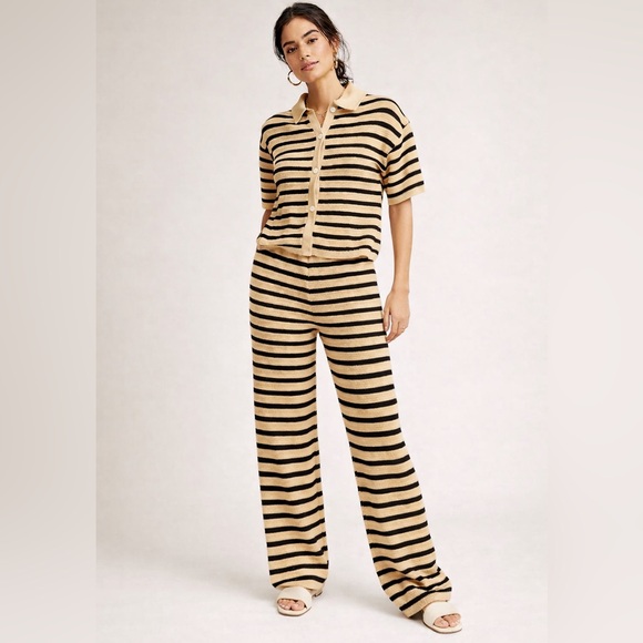 Pants - Striped Button-Front Knit Polo Set in Beige and Black